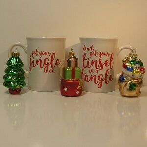 "Get Your Jingle On" and "Dont Get Your Tinsel in a Tangle" Mugs